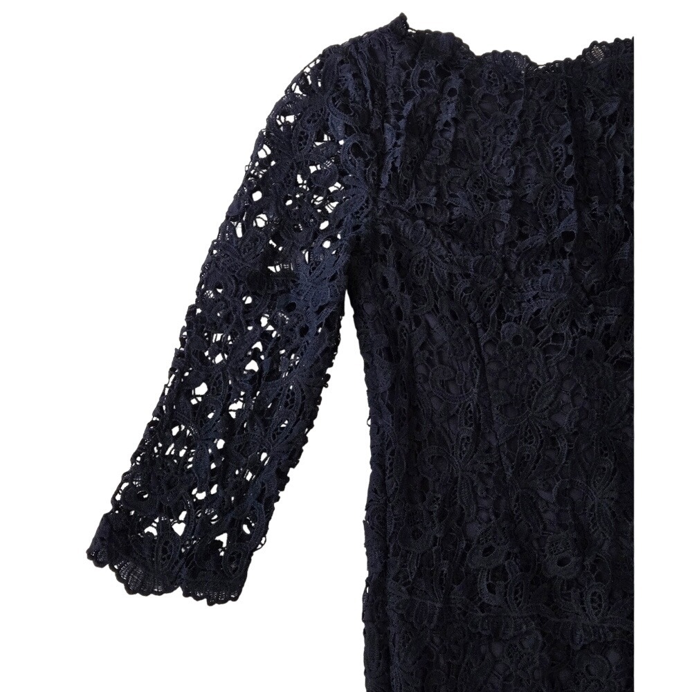 Lace Cocktail Dress Navy Floral Sheath Evening Quiet Luxury - Picture 4 of 7